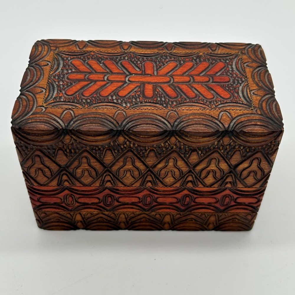 Decorative Carved Playing Cards Holder Wood Hinged Box Made In Poland For 2 Deck